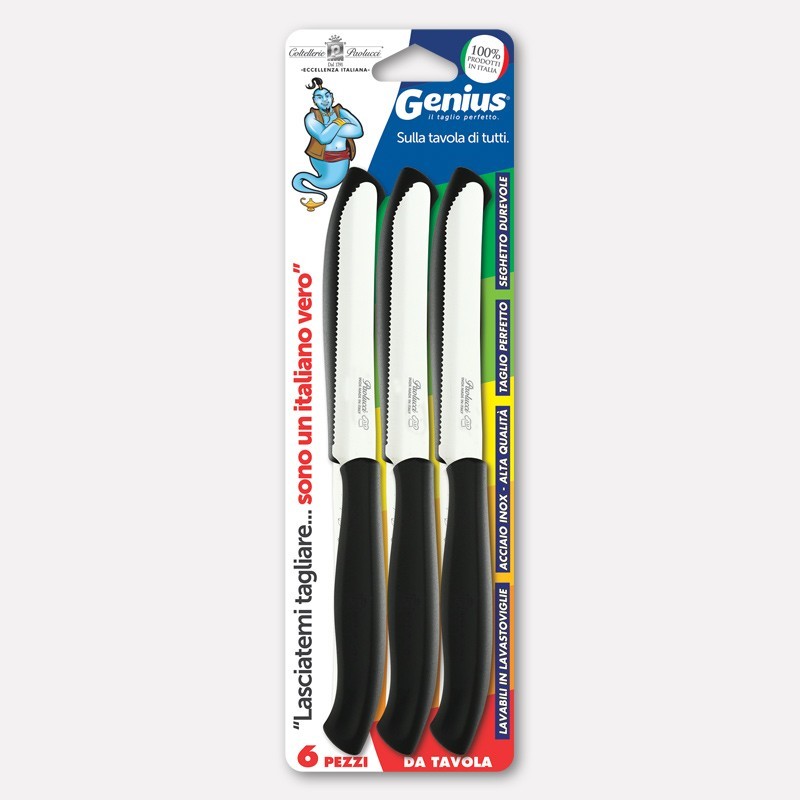 PAOLUCCI GENIUS 6 COLTELLI DA TAVOLA LAME SEGHETTATE MANICO NERO ART.4803N CM.11