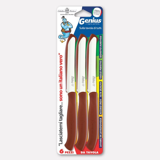 PAOLUCCI GENIUS 6 COLTELLI DA TAVOLA LAME SEGHETTATE MANICO MARRONE ART.4803M CM.11