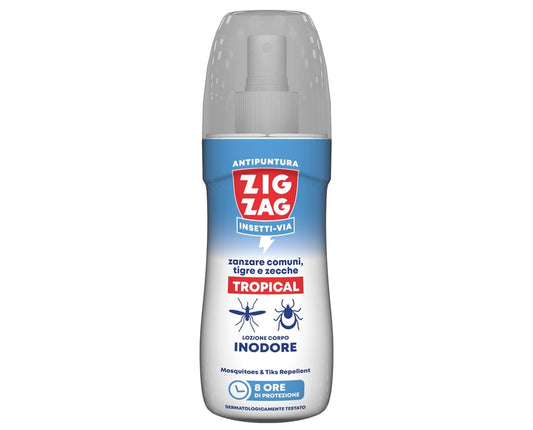 ZIG ZAG INSETTI-VIA ZANZARE COMUNI,TIGRE E ZECCHE TROPICAL LOZIONE CORPO NO GAS 100ML INODORE