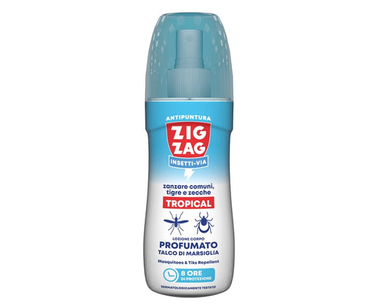 ZIG ZAG INSETTI-VIA ZANZARE COMUNI,TIGRE E ZECCHE TROPICAL LOZIONE CORPO PROFUMATO NO GAS 100ML TALCO DI MARSIGLIA
