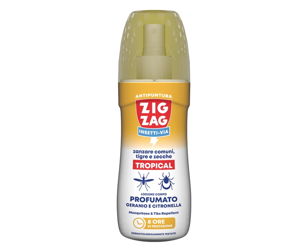 ZIG ZAG INSETTI-VIA ZANZARE COMUNI,TIGRE E ZECCHE TROPICAL LOZIONE CORPO PROFUMATO NO GAS 100ML GERANIO E CITRONELLA