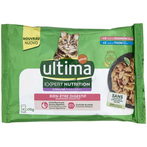 ULTIMA EXPERT NUTRITION STERILIZZATI 4X70G BENESSERE DIGESTIVO SALMONE/TONNO
