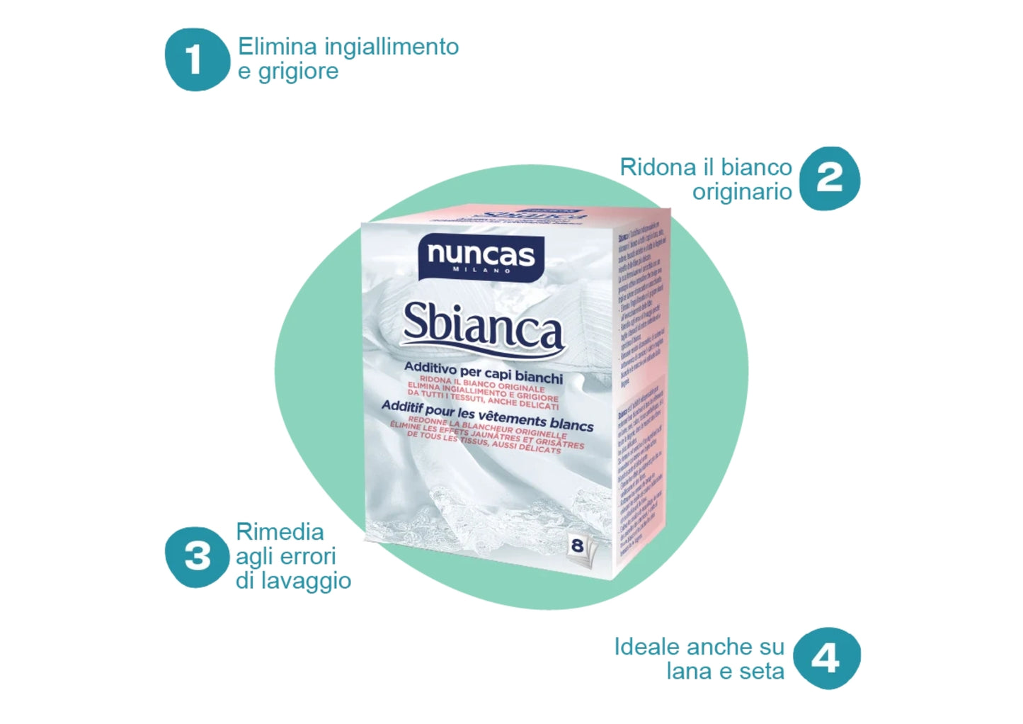 NUNCAS SBIANCA ADDITIVO PER CAPI BIANCHI IN POLVERE 8 BUSTE DA 20G (160G)