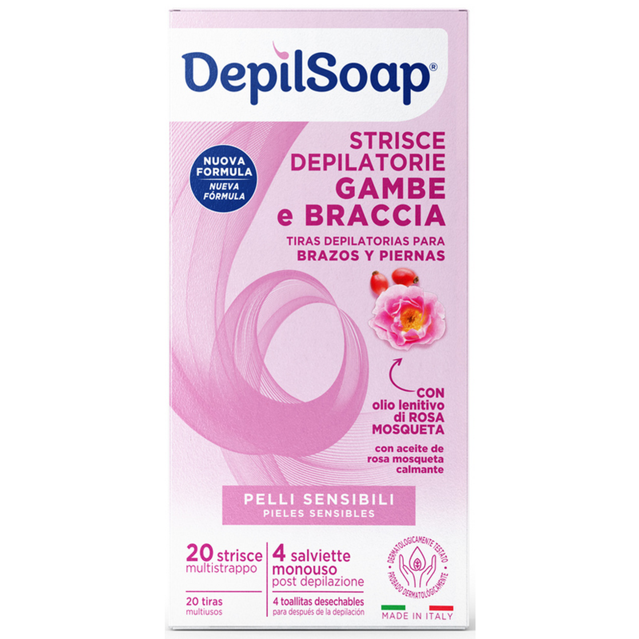 DEPILSOAP STRISCE DEPILATORIE GAMBE E BRACCIA PELLI SENSIBILI X20 STRISCE + 4 SALVIETTINE MONOUSO POST DEPILAZIONE