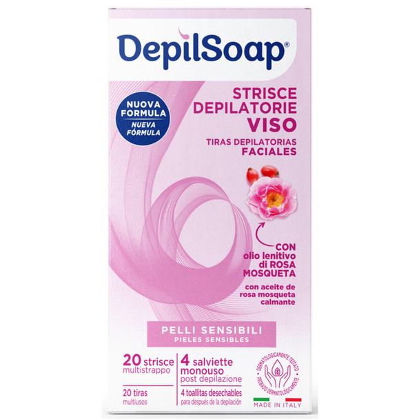 DEPILSOAP STRISCE DEPILATORIE VISO PELLI SENSIBILI X20+4 SALVIETTE MONOUSO POST DEPILAZIONE
