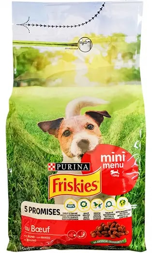 FRISKIES CROCCANTINI 1,5KG 5 PROMISES MINI MENU <10KG CON MANZO