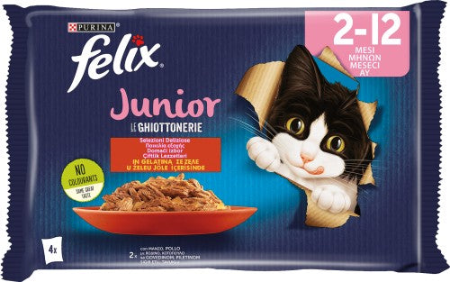 FELIX LE GHIOTTONERIE 4X85G JUNIOR 2-12 MESI SELEZIONI DELIZIOSE IN GELATINA MANZO/POLLO