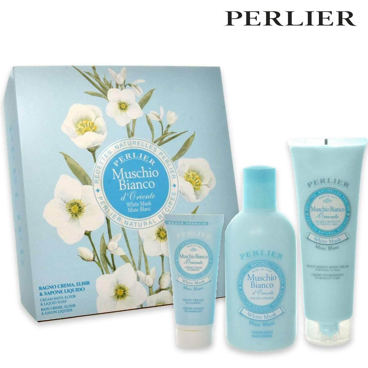 PERLIER CONFEZIONE CESTINO RICETTE NATURALI BAGNO,CREMA MANI,CREMA CORPO MUSCHIO BIANCO