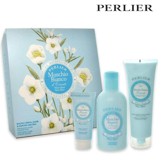 PERLIER CONFEZIONE CESTINO RICETTE NATURALI BAGNO,CREMA MANI,CREMA CORPO MUSCHIO BIANCO