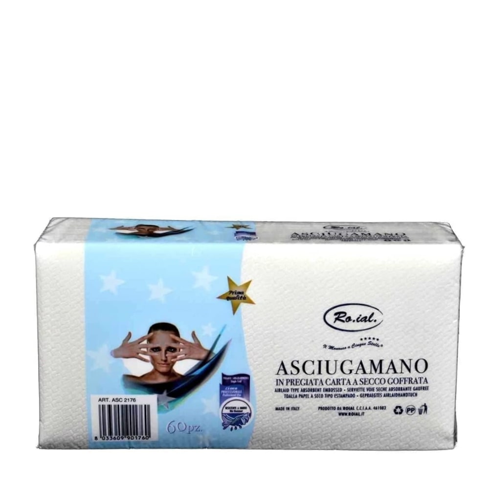 ROIAL ASCIUGAMANO MONOUSO CM.35X67 60PZ IN PREGIATA CARTA A SECCO GOFFRATA