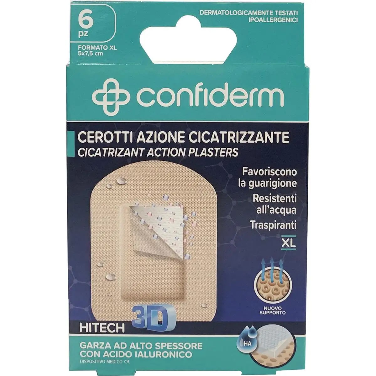 CONFIDERM CEROTTI AZIONE CICATRIZZANTE HITECH 3D XL CM.5X7,5 6PZ ACIDO IALURONICO