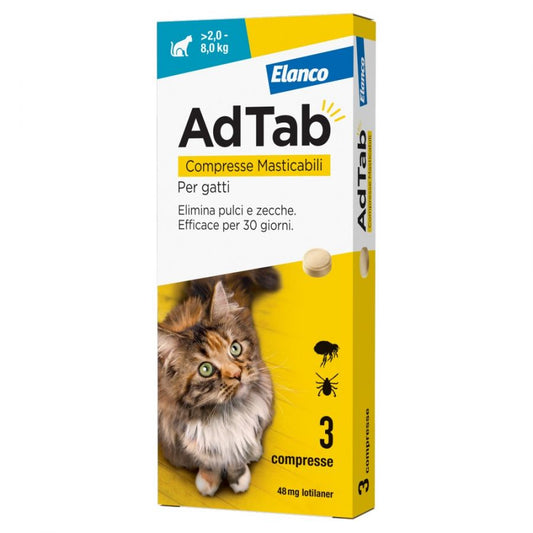ELANCO ADTAB 3 COMPRESSE MASTICABILI PER GATTI 48MG >2,0-8,0KG ELIMINA PULCI E ZECCHE