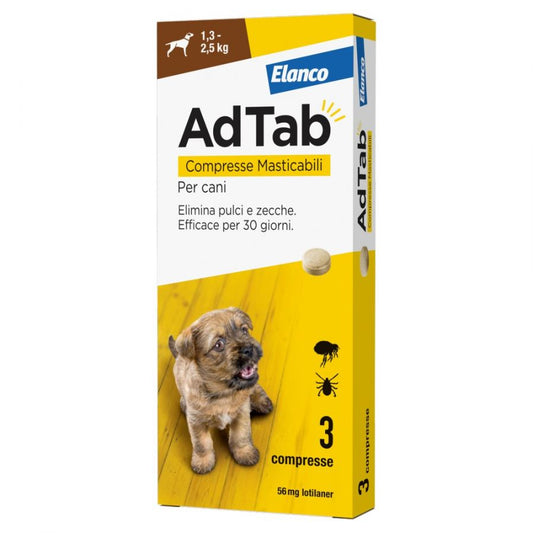 ELANCO ADTAB 3 COMPRESSE MASTICABILI PER CANI 56MG 1,3-2,5KG ELIMINA PULCI E ZECCHE
