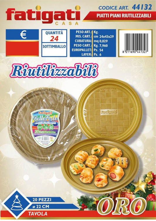 FATIGATI BELLE FESTE PIATTI PIANI LAVABILI & RIUTILIZZABILI 20PZ ORO
