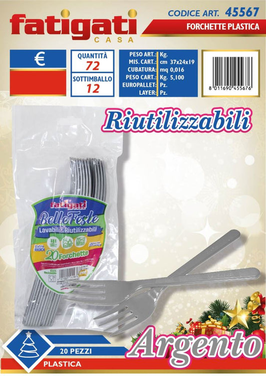 FATIGATI BELLE FESTE FORCHETTE PLASTICA LAVABILI & RIUTILIZZABILI 20PZ ARGENTO
