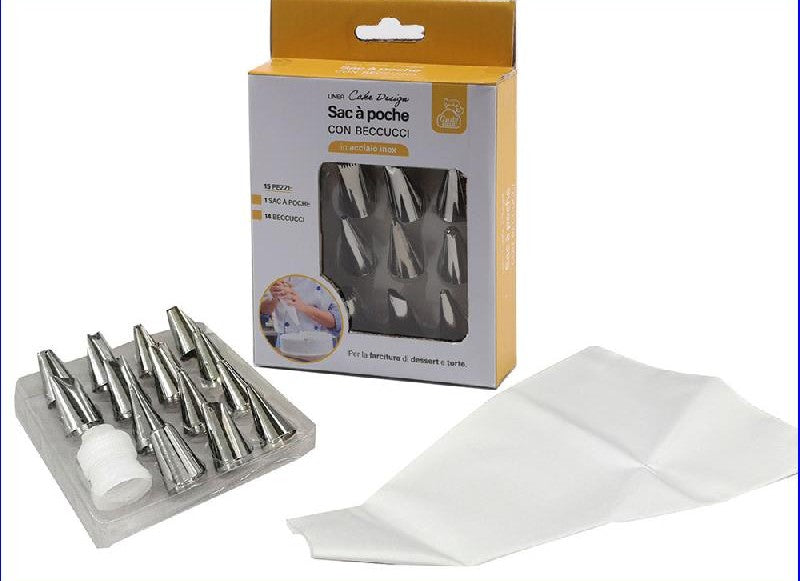 GENERAL TRADE LINEA CAKE DESIGN SAC A POCHE CON BECCUCCI IN ACCIAIO INOX SET 1 SAC A POCHE + 14 BECCUCCI