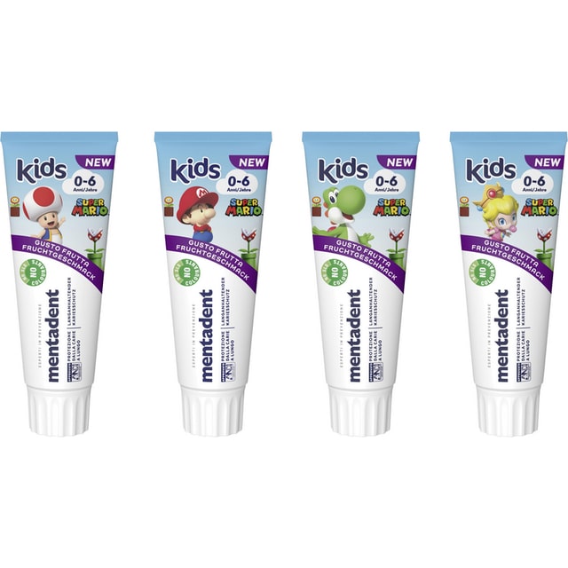 MENTADENT DENTIFRICIO 75ML KIDS 0-6 ANNI GUSTO FRUTTA ASSORTITO NEI PERSONAGGI SUPER MARIO