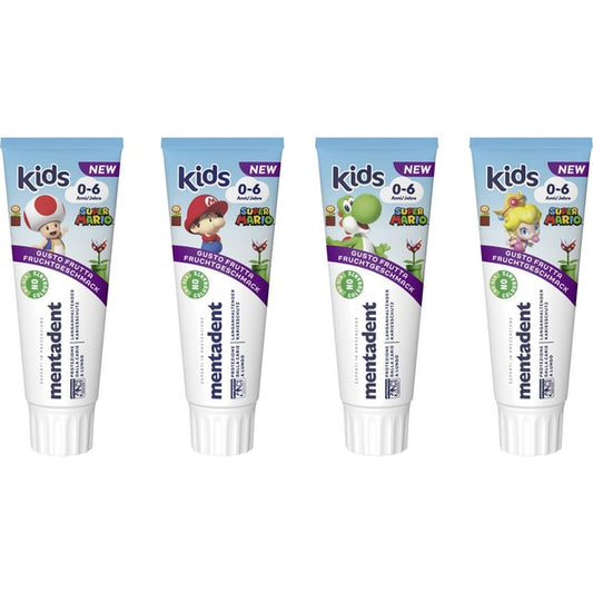 MENTADENT DENTIFRICIO 75ML KIDS 0-6 ANNI GUSTO FRUTTA ASSORTITO NEI PERSONAGGI SUPER MARIO