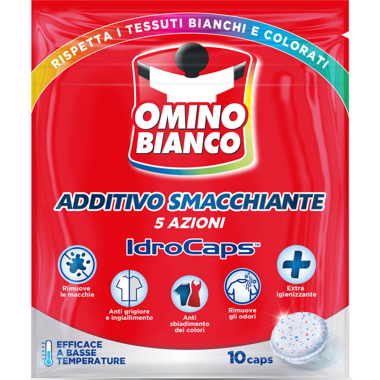 OMINO BIANCO ADDITIVO IDROCAPS 200G 10 CAPS SMACCHIANTE 5 AZIONI BIANCHI E COLORATI