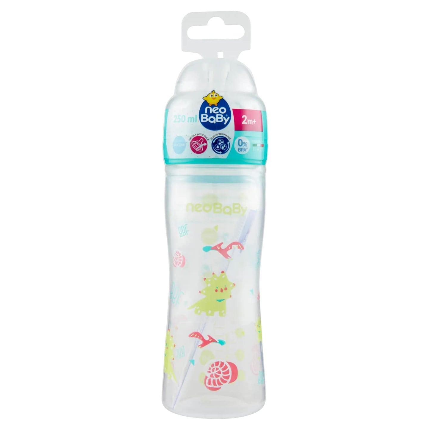 NEOBABY BIBERON PLASTICA COLLO LARGO 250ML 2M+ DINO VERDE