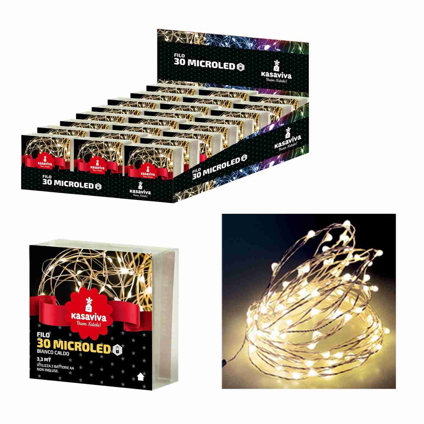 KASAVIVA NATALE FILO 30 MICROLED A BATTERIA BIANCO CALDO LUNGHEZZA 3,3MT