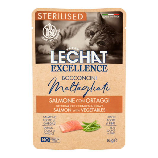 LECHAT EXCELLENCE BOCCONCINI MALTAGLIATI 85G STERILISED SALMONE CON ORTAGGI
