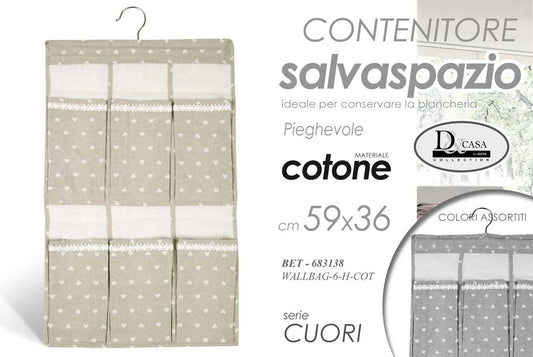 GICOS CONTENITORE SALVASPAZIO PIEGHEVOLE IN COTONE 6 TASCHE CM.59X36 SERIE CUORI