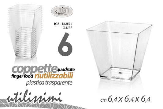 GICOS 6 COPPETTE QUADRATE FINGER FOOD RIUTILIZZABILI PLASTICA TRASPARENTE CM.6,4X6,4X6,4