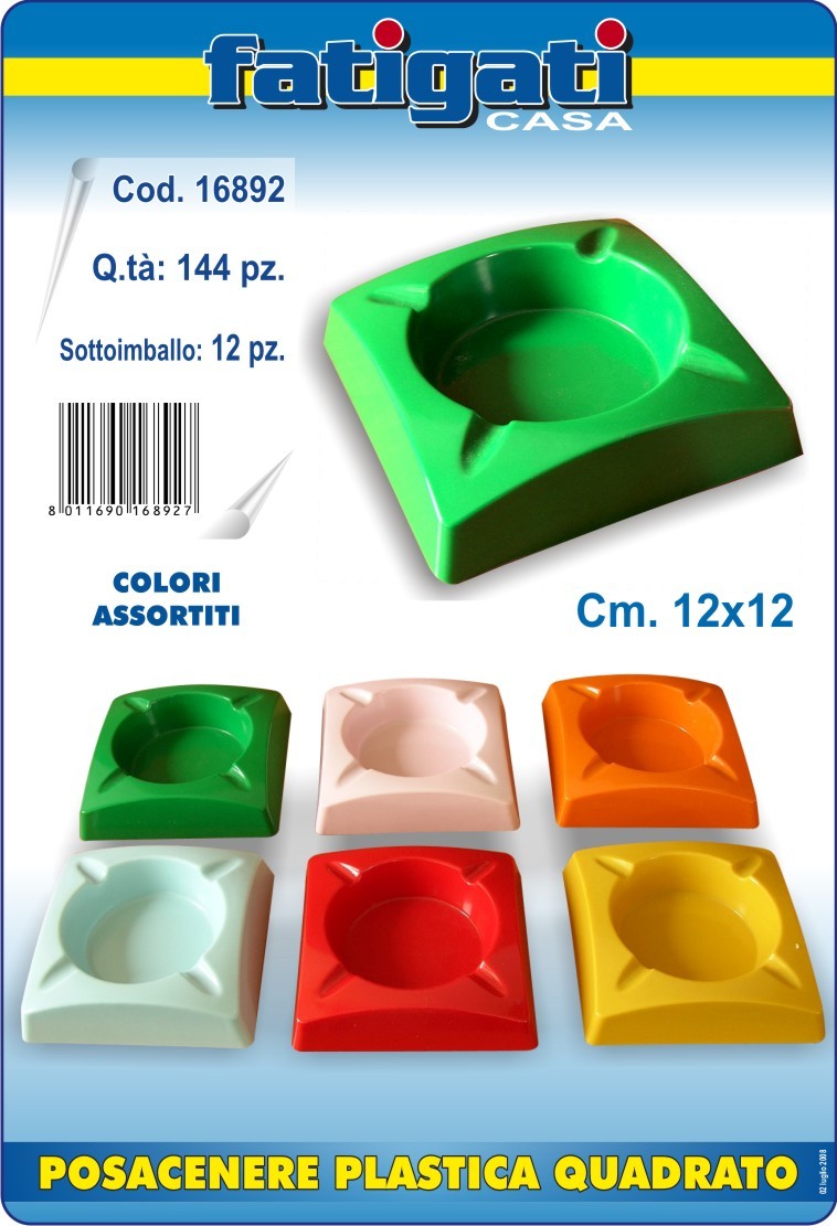 FATIGATI POSACENERE PLASTICA QUADRATO CM.12X12 COLORI ASSORTITI