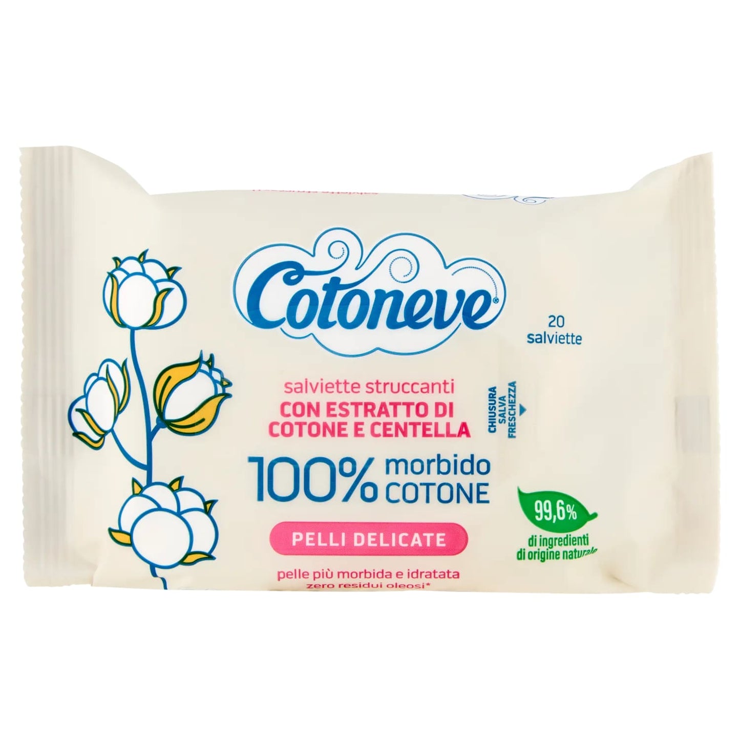 COTONEVE SALVIETTE STRUCCANTI 20PZ PELLI DELICATE ESTRATTO DI COTONE E CENTELLA 100% MORBIDO COTONE