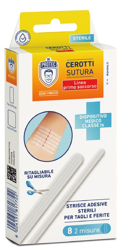 DR. PROTECT CEROTTI SUTURA STRISCE ADESIVE STERILI PER TAGLI E FERITE 8PZ 2 MISURE 5PZ 0,3X7,5CM 3PZ 0,6X7,5CM