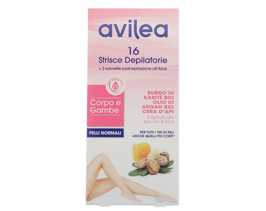 AVILEA STRISCE DEPILATORIE CORPO E GAMBE 16+2 SALVIETTE POST-EPILAZIONE PELLI NORMALI BURRO DI KARITE' BIO OLIO DI ARGAN BIO CERA D'API