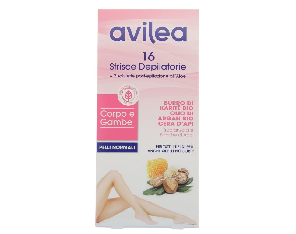 AVILEA STRISCE DEPILATORIE CORPO E GAMBE 16+2 SALVIETTE POST-EPILAZIONE PELLI NORMALI BURRO DI KARITE' BIO OLIO DI ARGAN BIO CERA D'API