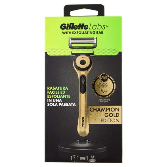 GILLETTE LABS RASOIO CHAMPION GOLD EDITION CON BARRA ESFOLIANTE COMPRENDE 1 LAMETTA DI RICARICA
