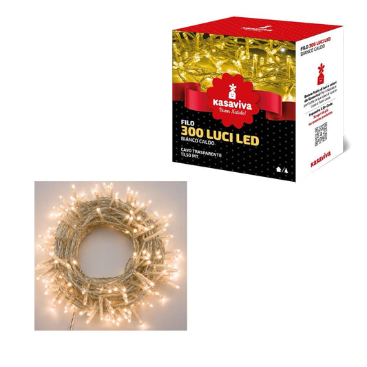KASAVIVA NATALE FILO 300 LUCI LED BIANCO CALDO 13,50MT CAVO TRASPARENTE
