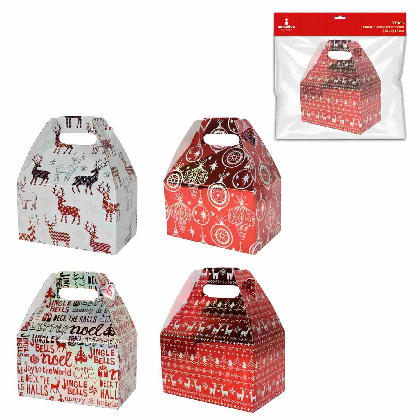 KASAVIVA NATALE SCATOLE DI CARTA CON MANICO XMAS CM.26X20X12