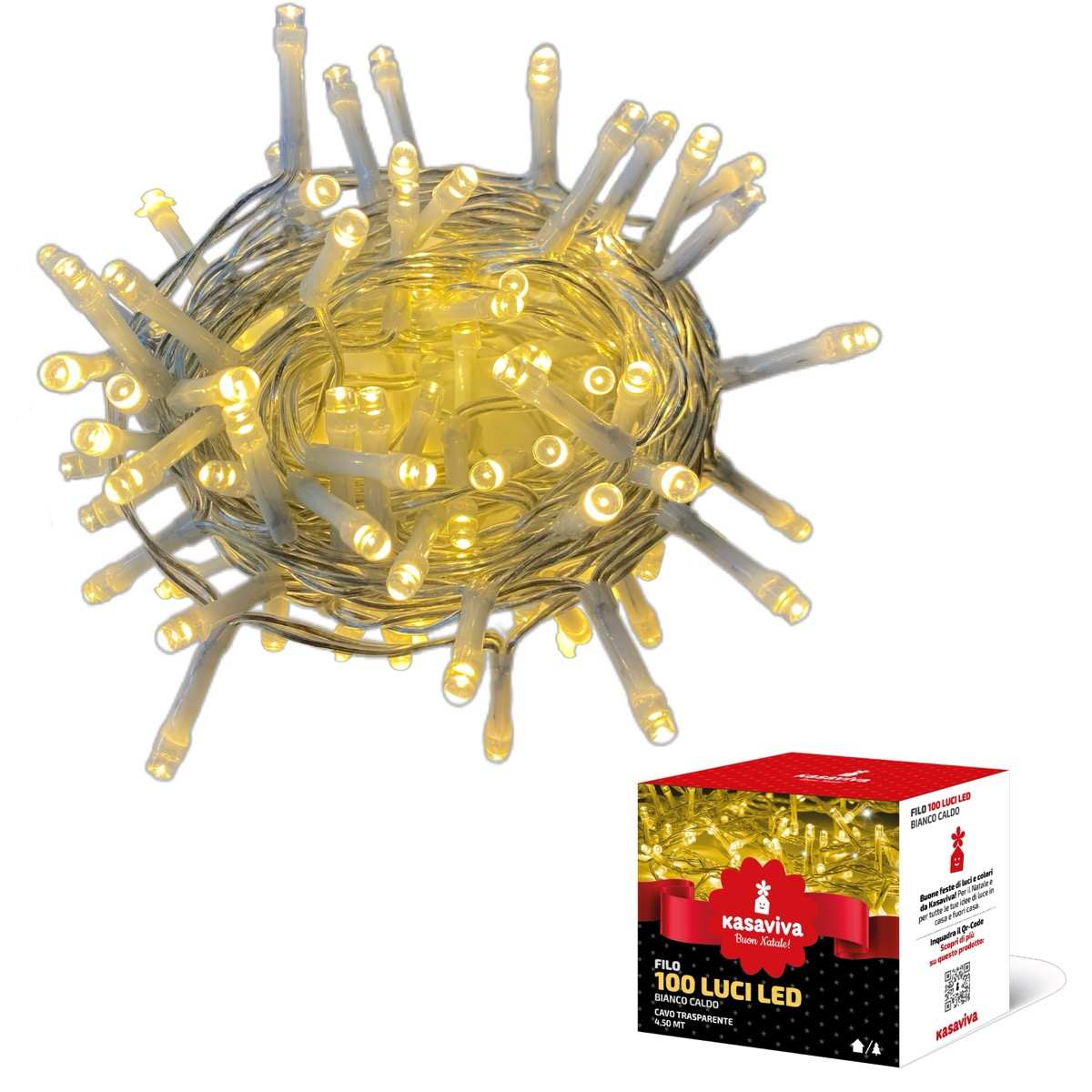KASAVIVA NATALE FILO 100 LUCI LED BIANCO CALDO 4,50MT CAVO TRASPARENTE