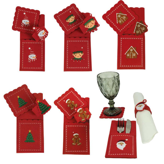 KASAVIVA NATALE XMAS CHEER SET PORTAPOSATE+SOTTOBICCHIERE+PORTATOVAGLIOLO FELTRO ASSORTITO