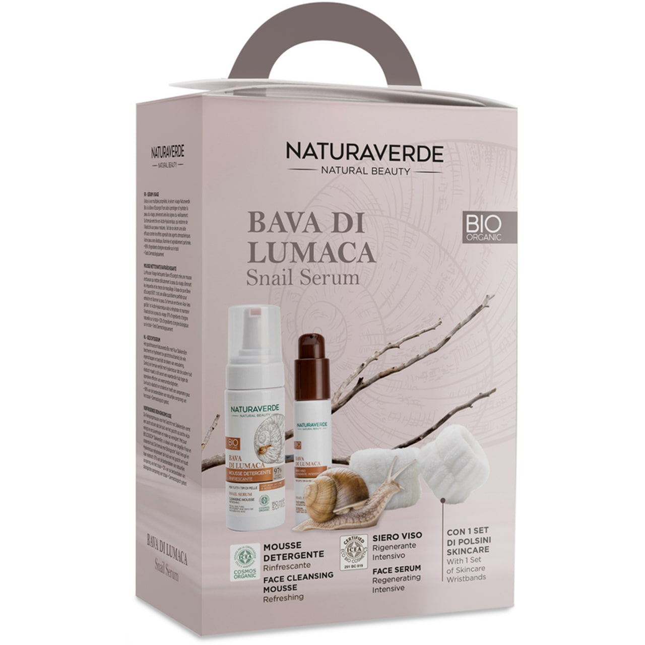 NATURAVERDE NATURAL BEAUTY CONFEZIONE BAVA DI LUMACA MOUSSE DETERGENTE 150ML + SIERO VISO 60ML + SET POLSINI SKIN CARE
