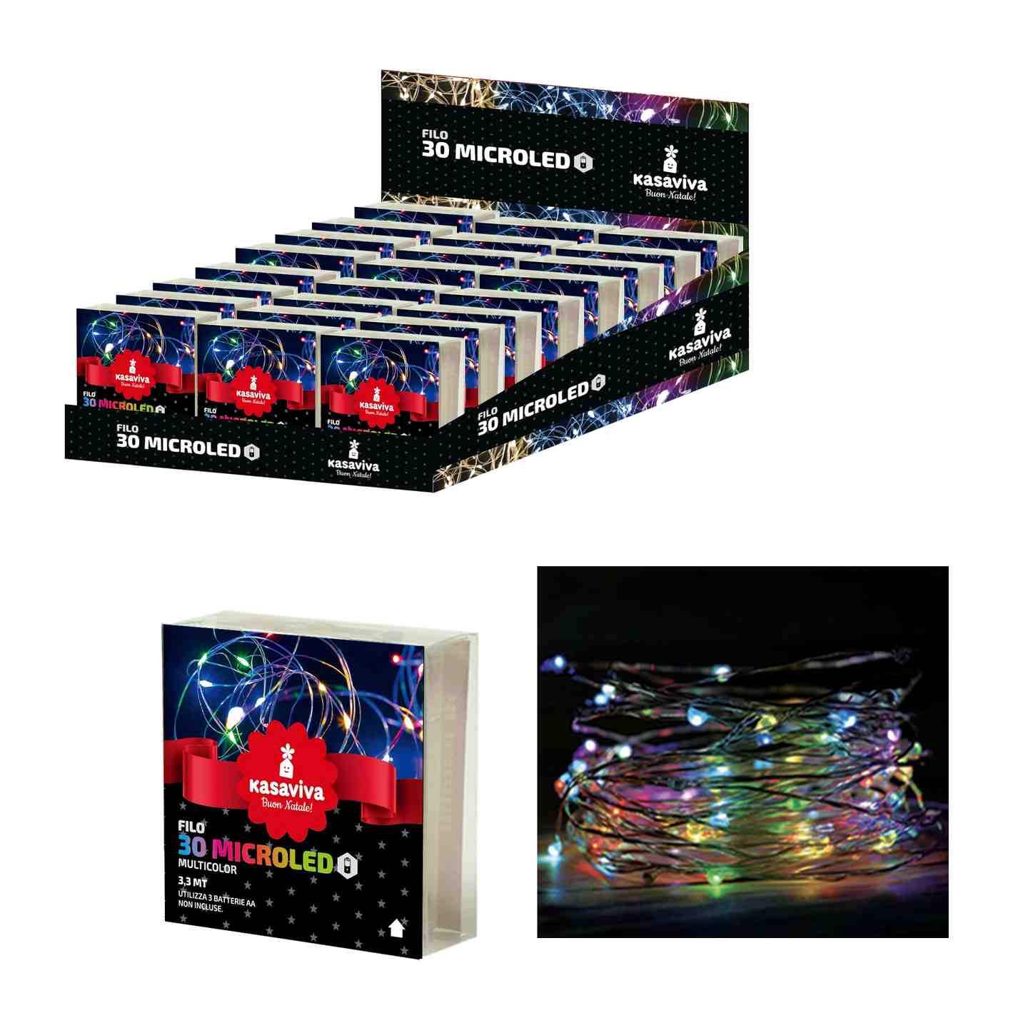 KASAVIVA NATALE FILO 30 MICROLED A BATTERIA MULTICOLOR LUNGHEZZA 3,3MT