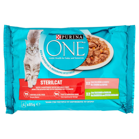 PURINA ONE SINGLE SERVE 4X85 STERILCAT SALMONE E CAROTE / TACCHINO E FAGIOLINI