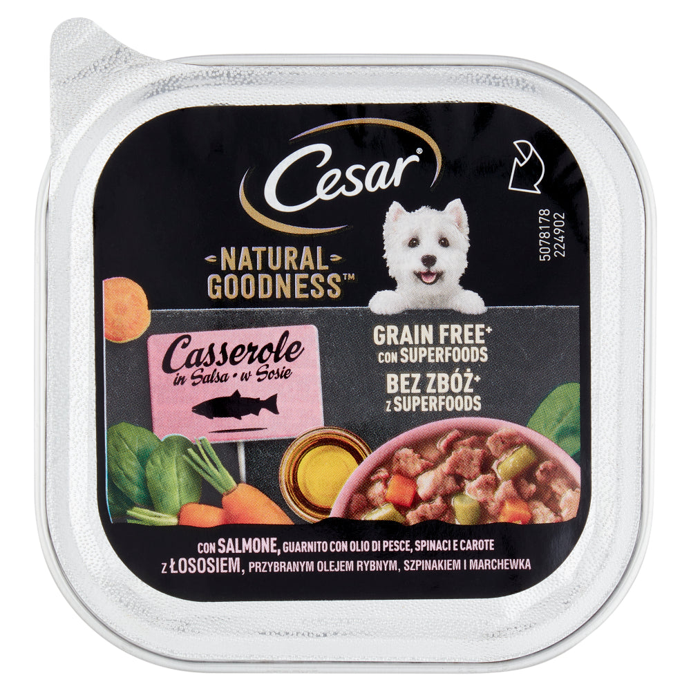CESAR 100GR NATURAL GOODNESS CASSEROLE IN SALSA SALMONE,GUARNITO CON OLIO DI PESCE,SPINACI E CAROTE
