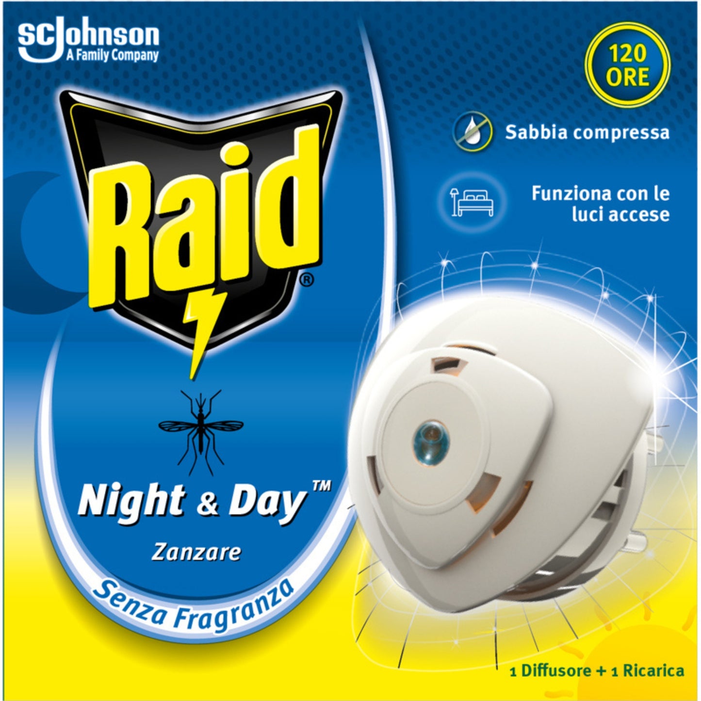 RAID NIGHT & DAY ZANZARE 120 ORE 1 DIFFUSORE+ 1 RICARICA SENZA FRAGRANZA