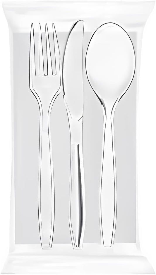 TRIS CRISTAL RIUTILIZZABILE TRASPARENTE + TOVAGLIOLO+ POSATE 500PZ