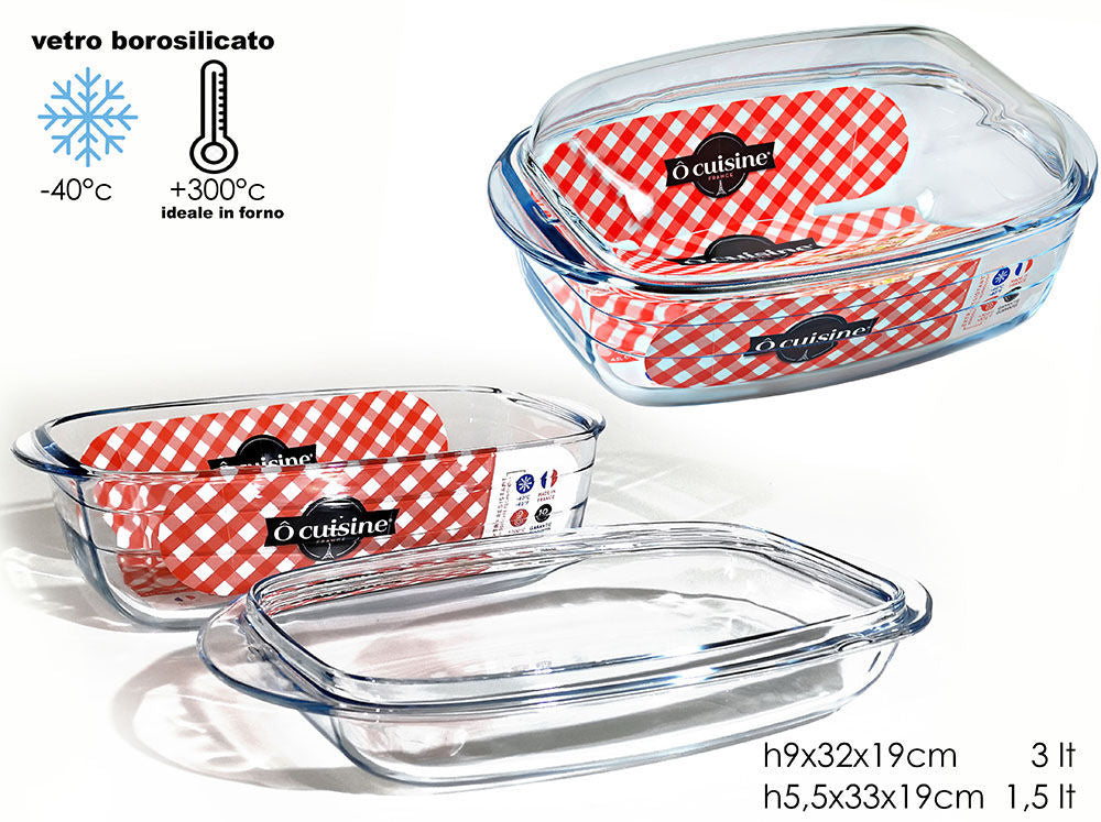 PYREX O CUISINE CASSERUOLA RETTANGOLARE IN VETRO BOROSILICATO CON COPERCHIO 3L CM.32X19X9H