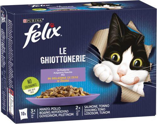 FELIX LE GHIOTTONERIE 10X85G LE PREFERITE IN GELATINA MANZO/POLLO SALMONE/TONNO