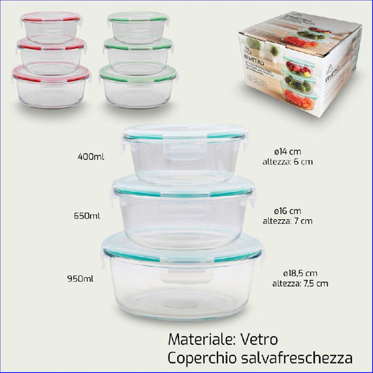 ARCA SET 3 CONTENITORI IN VETRO ERMETIKO CON COPERCHIO TONDO 400-650-950ML