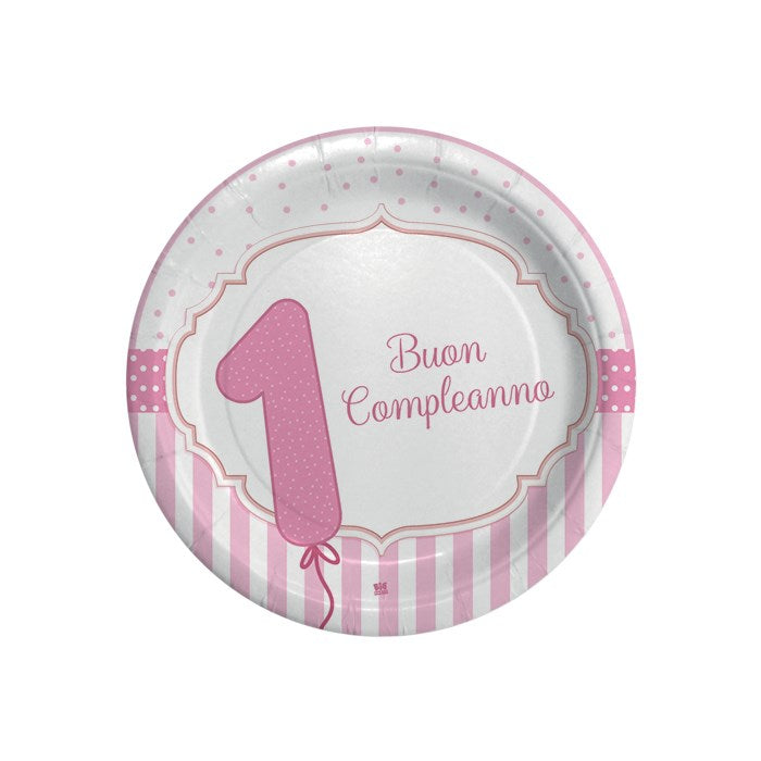 BIG PARTY 8 PIATTI 18CM 1 COMPLEANNO ROSA