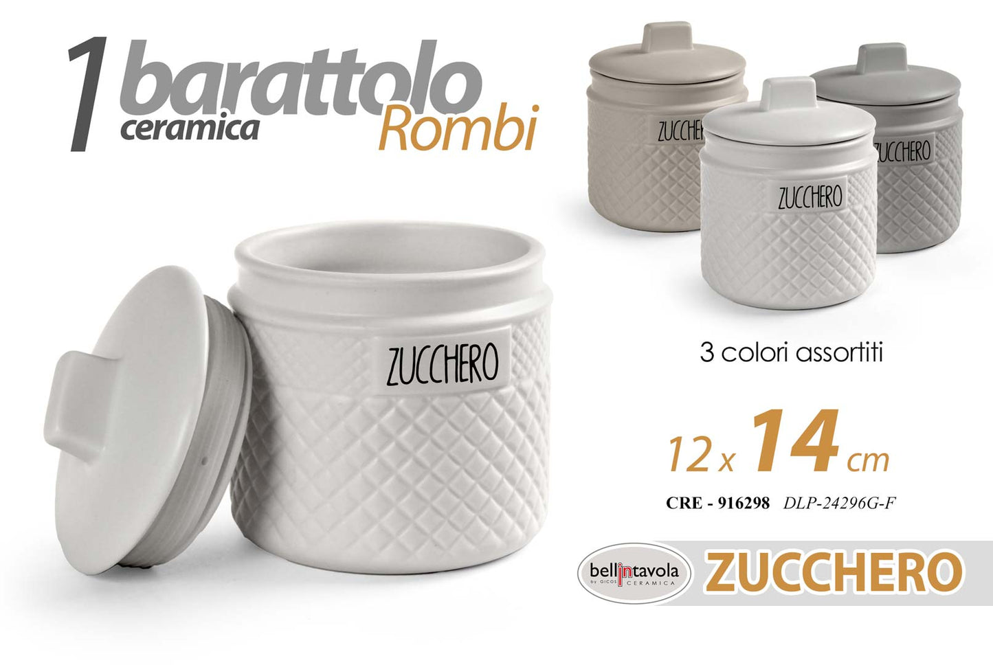 GICOS BARATTOLO CERAMICA ROMBI CM.12X14 ZUCCHERO COLORI ASSORTITI