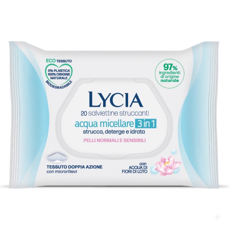 LYCIA SALVIETTINE STRUCCANTI 20PZ ACQUA MICELLARE 3 IN 1 PELLI NORMALI E SENSIBILI